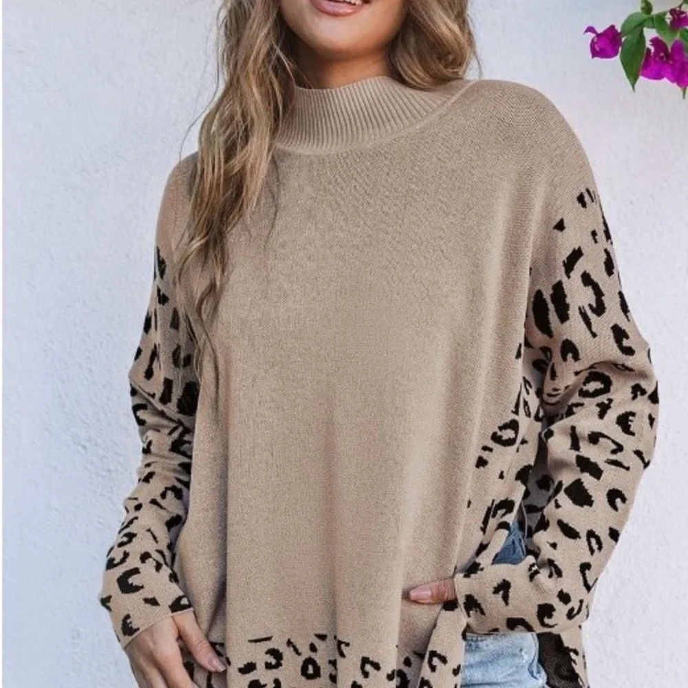 Leopard High Neck Side Slit Oversized Sweater size 2XL Cozy Minimalist Chic